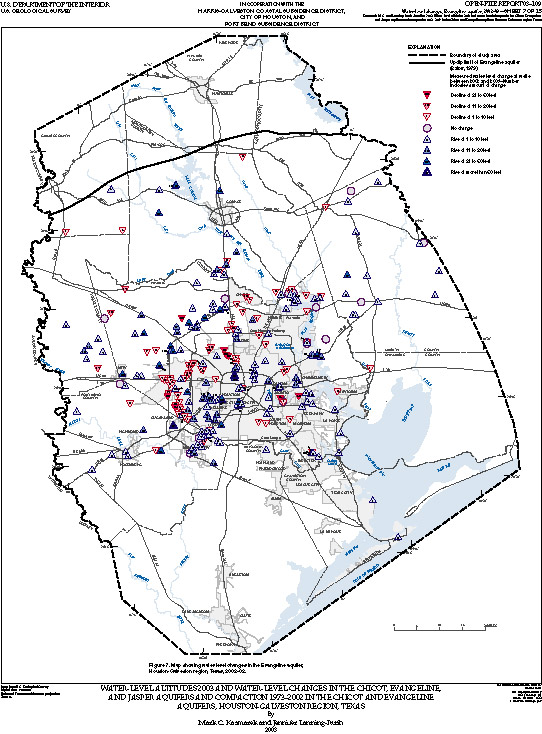 Map showing water-level changes in the Evangeline aquifer, Houston-Galveston region, Texas, 2002–03.