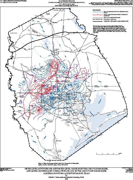 Map showing approximate water-level changes in the Evangeline aquifer, Houston-Galveston region, Texas, 1990–2003.