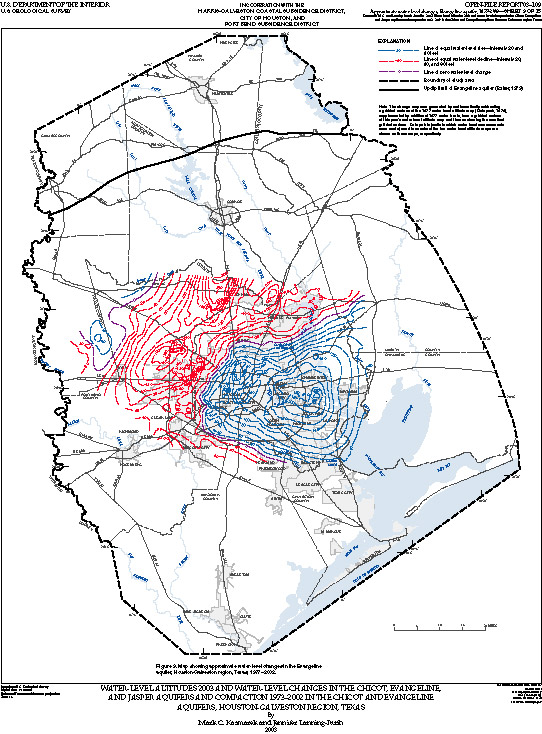 Map showing approximate water-level changes in the Evangeline aquifer, Houston-Galveston region, Texas, 1977–2003.