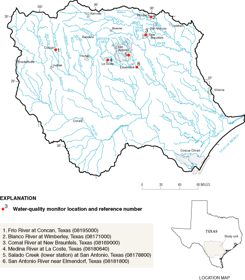 Map showing South-Central Texas National Water-Quality Assessment study unit and water-quality monitor locations.