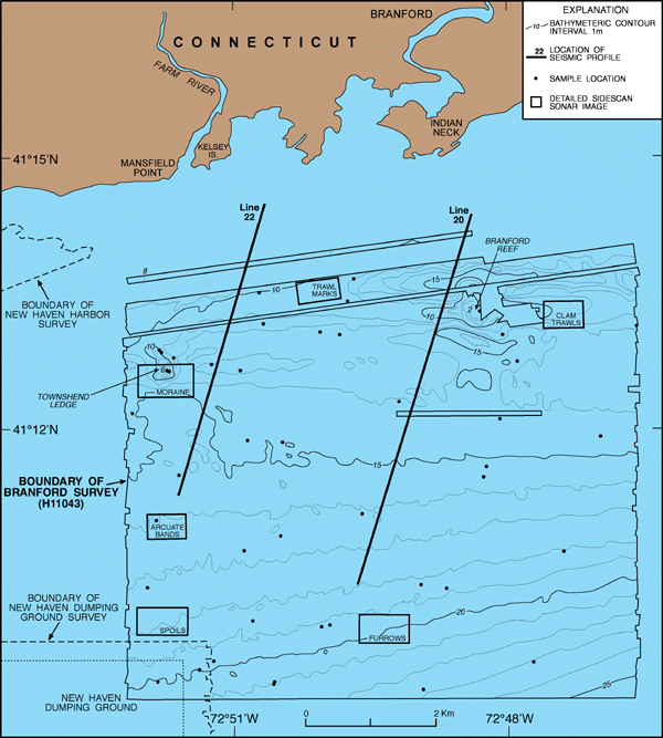 USGS OFR2004-1003: Bathymetric map of the New Haven Harbor study area.