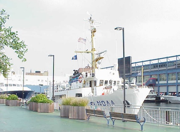 Starboard-side view of the NOAA Ship RUDE docked at Chelsea, Massachusetts.