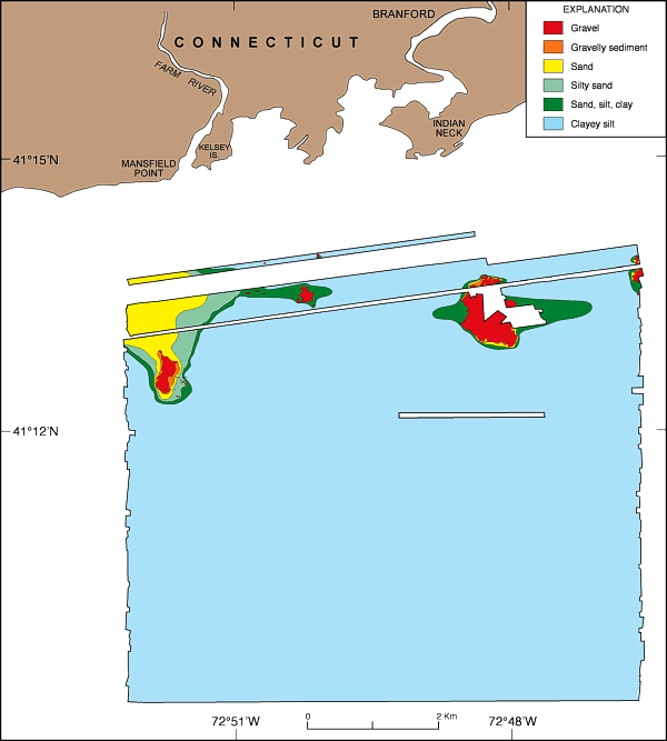 Distribution of surficial sediments off Branford, Connecticut.  Interpretation of the sediment distribution is based on data from sampling stations (sample locations are shown on the bathymetric map elsewhere in this report), on tonal changes in backscatter on the sidescan sonar image, and on correlation of the textural and backscatter data with the bathymetry.