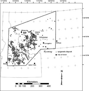 thumbnail image of Figure 1: Location of the epigenetic mineral deposits in study area.