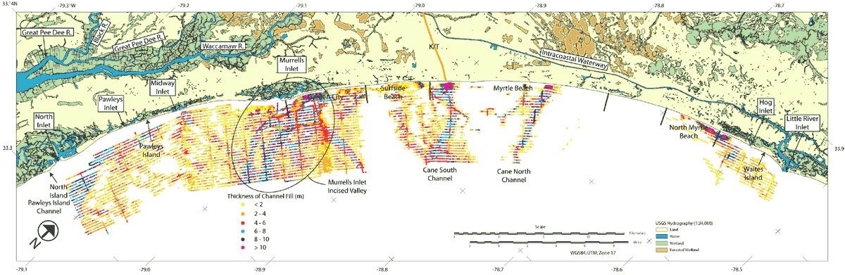 Map showing the locations and thickness of fill associated with paleochannels identified within the seismic reflection data.