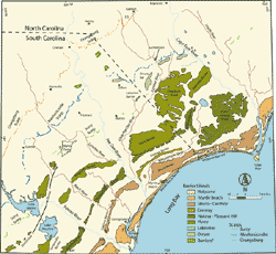 Geomorphological map of southeastern North Carolina and northeastern South Carolina.