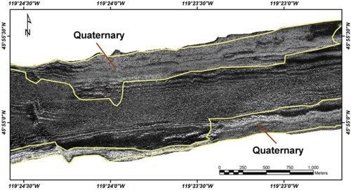 Figure 5. Sidescan-sonar image showing the exposure of Quaternary deposits in the eastern part of the reservoir.