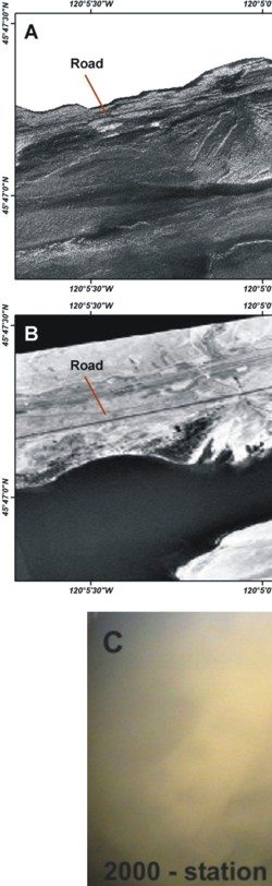 Figure 6A,B,C.  Alluvial fan shown on sidescan-sonar image, and the same feature on an aerial photo-mosaic of imagery collected prior to construction of the dam, and surface of this fan is gravel and cobbles covered by a fine sediment blanket.