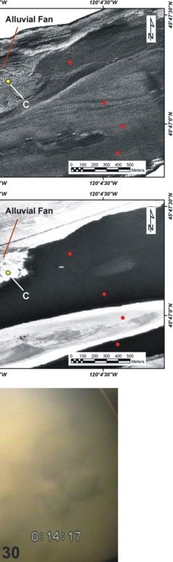 Figure 6A,B,C.  Alluvial fan shown on sidescan-sonar image, and the same feature on an aerial photo-mosaic of imagery collected prior to construction of the dam, and surface of this fan is gravel and cobbles covered by a fine sediment blanket.