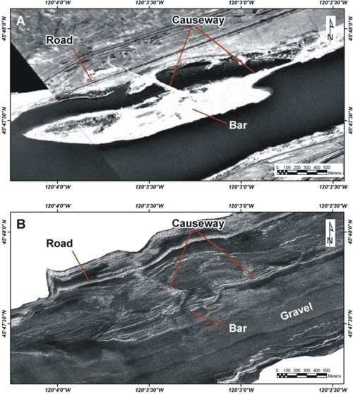 Figure 7. The top of a bar shown in a pre-dam aerial photo-mosaic; also shows on the sidescan-sonar imagery. 