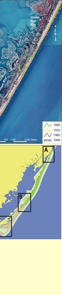 Figure 4. Historic Shoreline positions for A) northern, B) south-central, C) and southern Assateague Island.