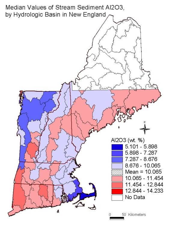 median values of stream sediment Al2O3 by hydrologic basin in New England