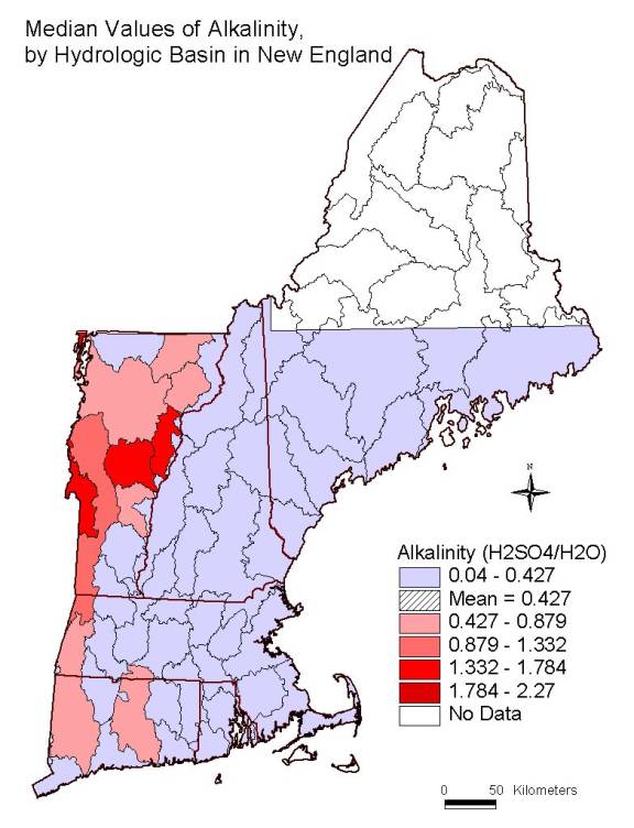 median values of alkalinity, by hydrologic basin in New England