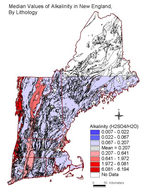 median values of alkalinity in New England, by lithology