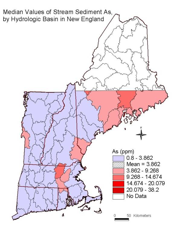 median values of stream sediment As, by hydrologic basin in New England