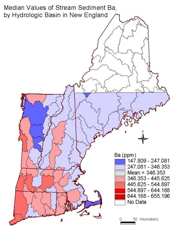 median values of stream sediment Ba, by hydrologic basin in New England