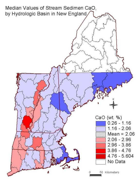 median values of stream sediment CaO, by hydrologic basin in New England