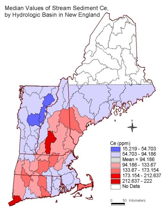 median values of stream sediment Ce, by hydrologic basin in New England
