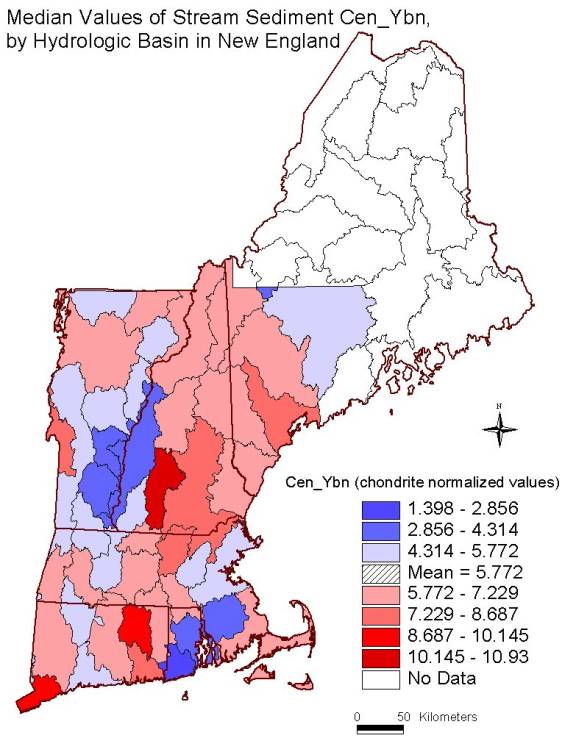 median values of stream sediment Cen_Ybn, by hydrologic basin in New England