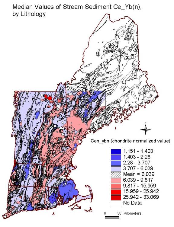 median values of stream sediment Ce_Yb(n), by lithology