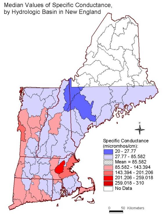 median values of specific conductance, by hydrologic basin in New  England