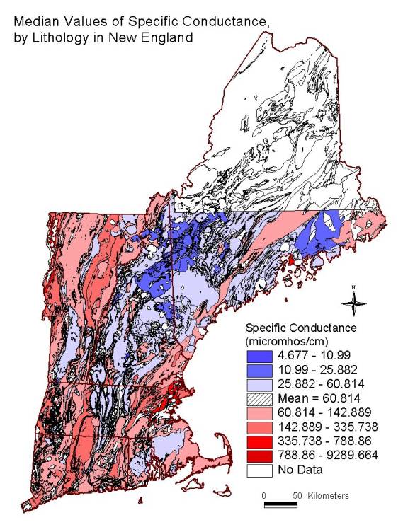 median values of specific conductance, by lithology in New England