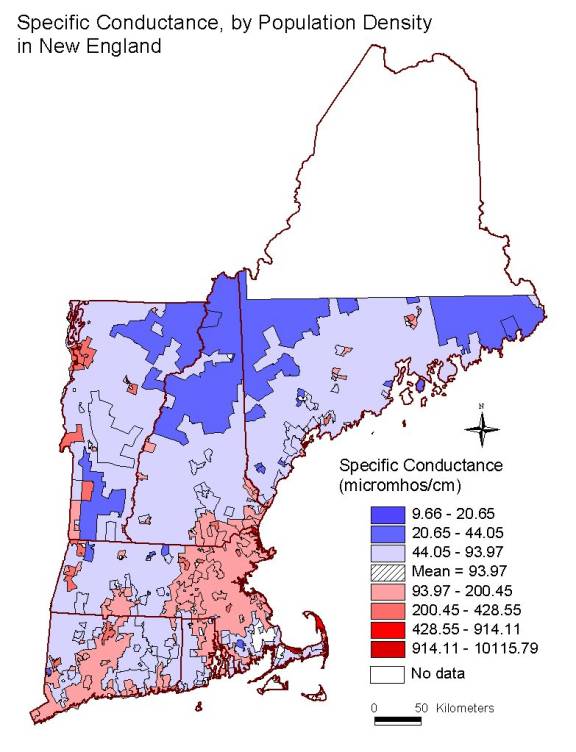 specific conductance, by population density in New England
