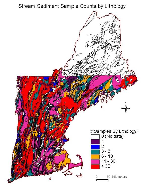stream sediment sample counts by lithology
