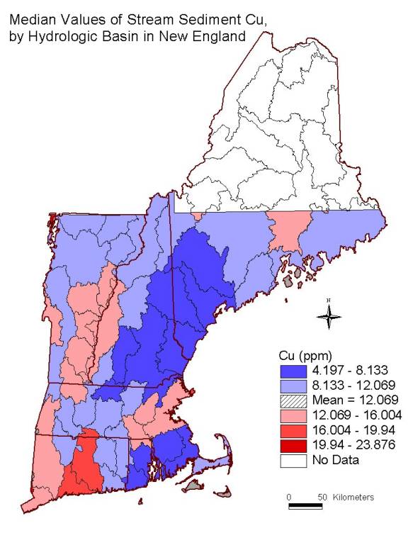 median values of stream sediment Cu, by hydrologic basin in New England