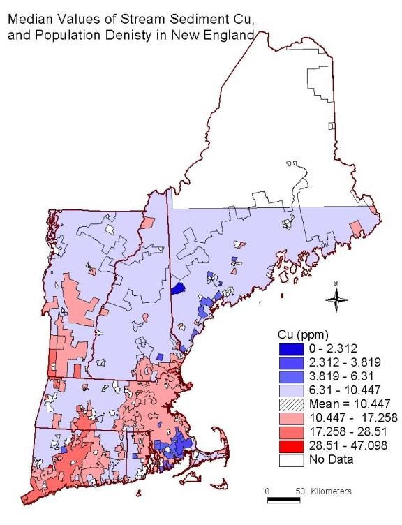 median values of stream sediment Cu, and population density in New England