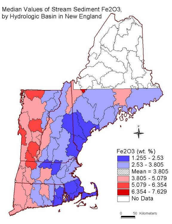 median values of stream sediment Fe2O3, by hydrologic basin in New England