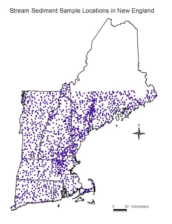 stream sediment sample locations in New England