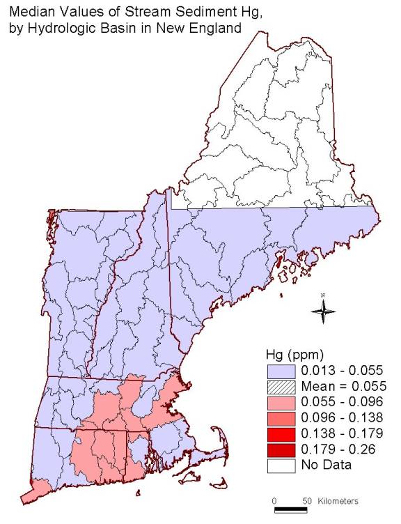 median values of stream sediment Hg, by hydrologic basin in New England