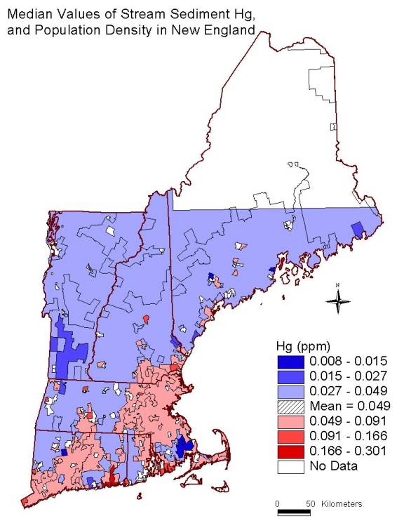 median values of stream sediment Hg, and population density in New England