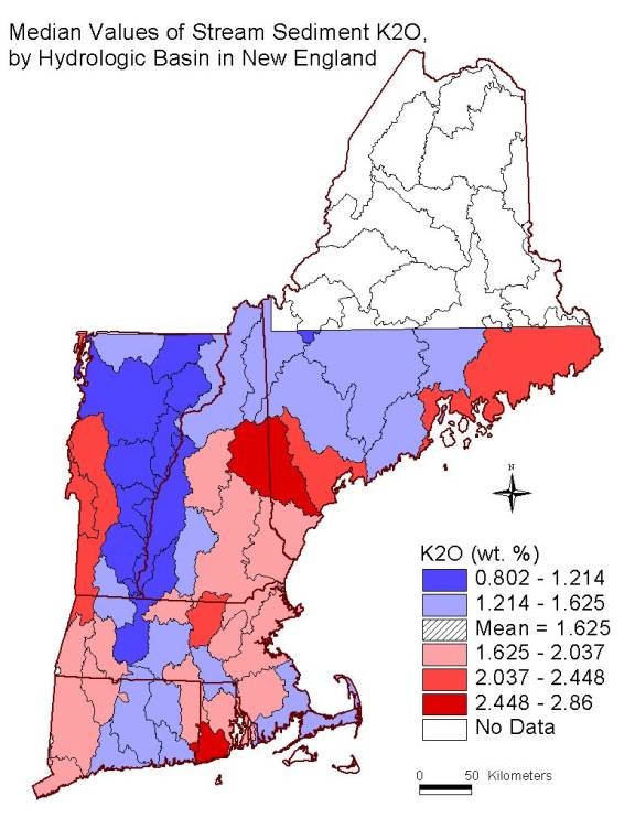 median values of stream sediment K2O, by hydrologic basin in New England