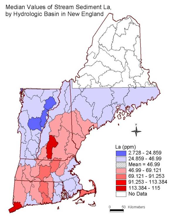 median values of stream sediment  La, by hydrologic basin in New England