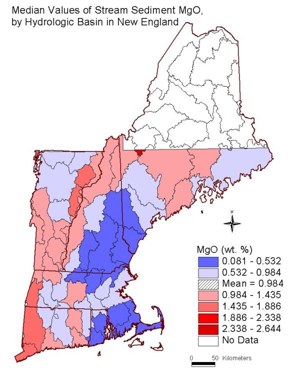 median values of stream sediment MgO , by hydrologic basin in New England