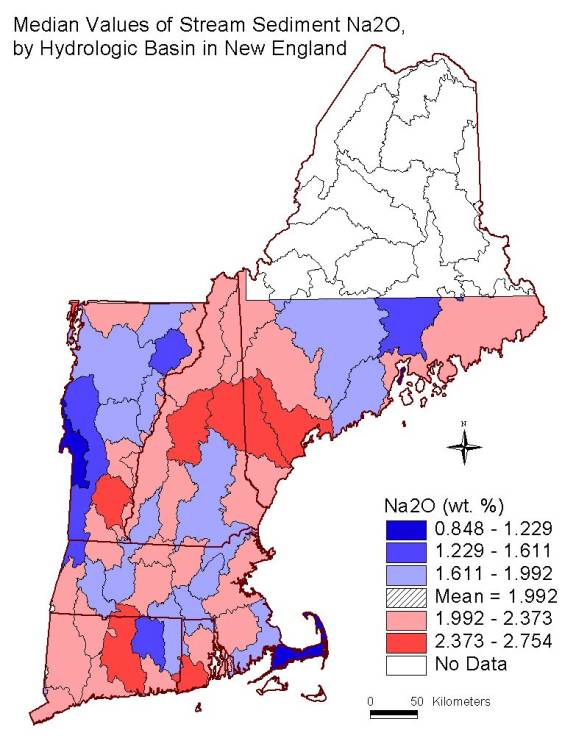 median values of stream sediment Na2O, by hydrologic basin in New England