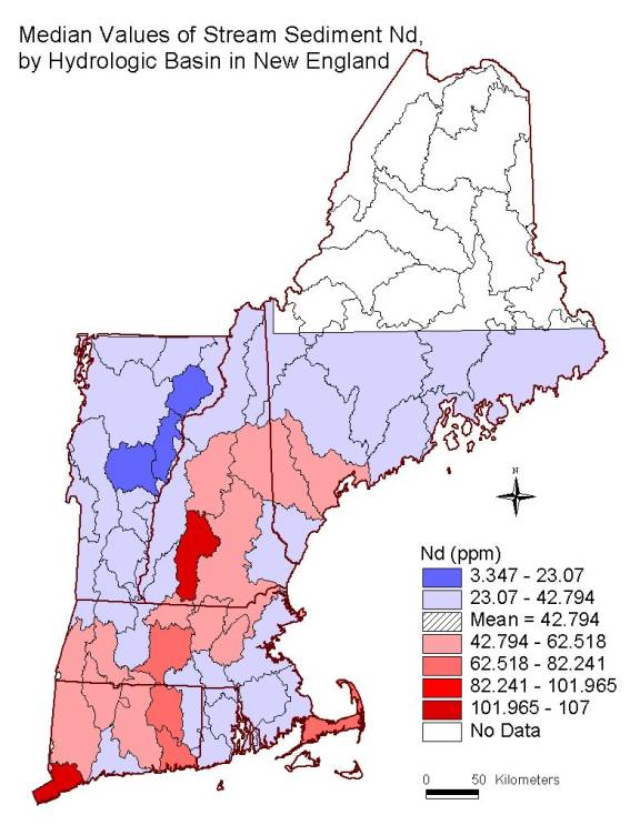 median values of stream sediment Nd, by hydrologic basin in New England