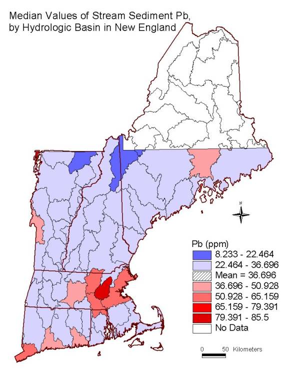 median values of stream sediment Pb, by hydrologic basin in New England