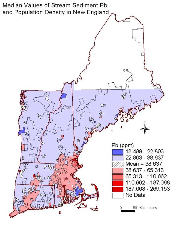 median values of stream sediment Pb, and population density in New England