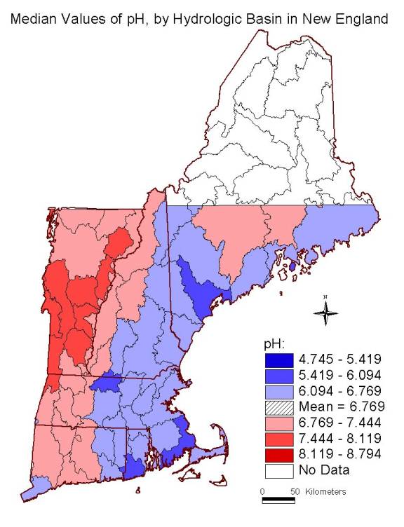 median values of pH , by hydrologic basin in New England