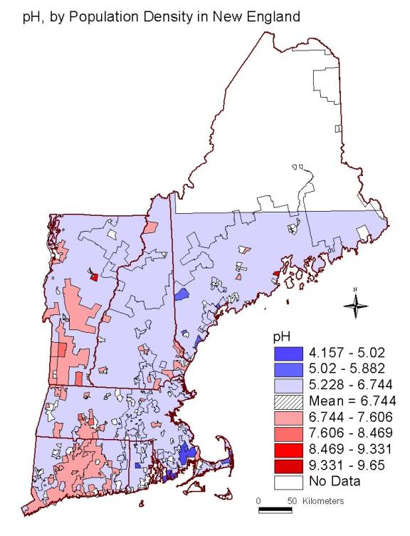 pH, by population density in New England