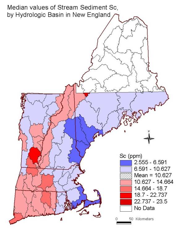 median values of stream sediment Sc , by hydrologic basin in New England