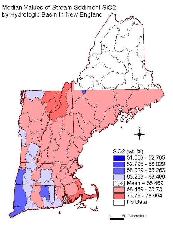 median values of stream sediment SiO2 , by hydrologic basin in New England