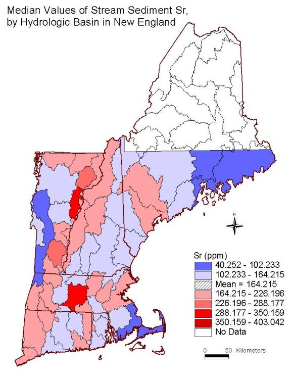 median values of stream sediment Sr , by hydrologic basin in New England