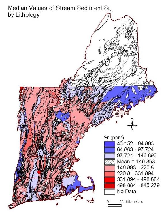 median values of stream sediment Sr, by lithology