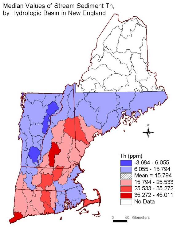 median values of stream sediment Th , by hydrologic basin in New England