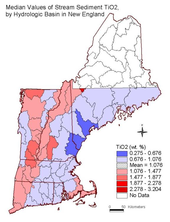 median values of stream sediment TiO2 , by hydrologic basin in New England