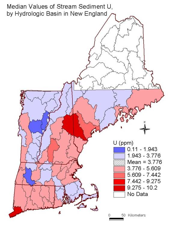 median values of stream sediment U,  by hydrologic basin in New England